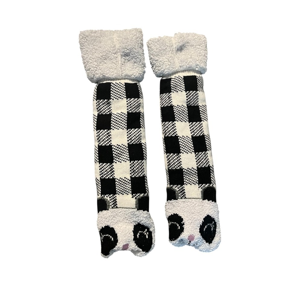 Panda Bear Buffalo Plaid Sherpa Lined Non-Slip Slipper Socks Black White